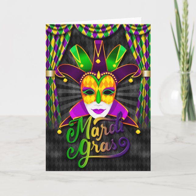 Mardi Gras Greeting Card, Mardi Gras Jester Mask Karte (Vorderseite)