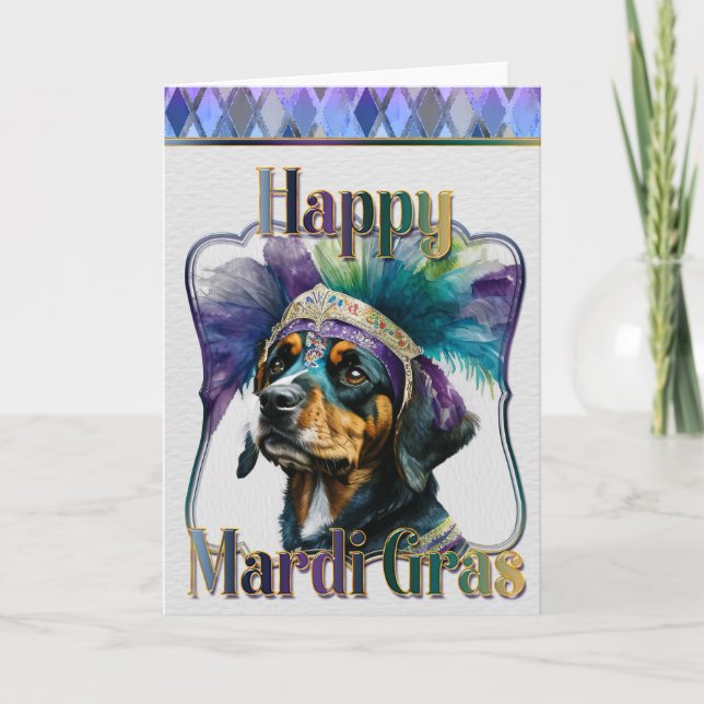 Mardi Gras Greeting Card, Mardi Gras Rottweiler Karte (Vorderseite)