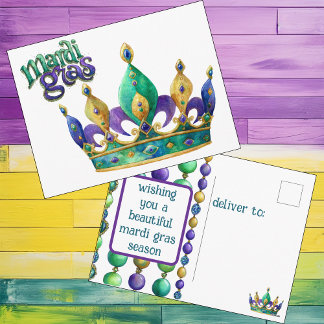 Mardi Gras Greeting with Crown and Beads Feiertagspostkarte