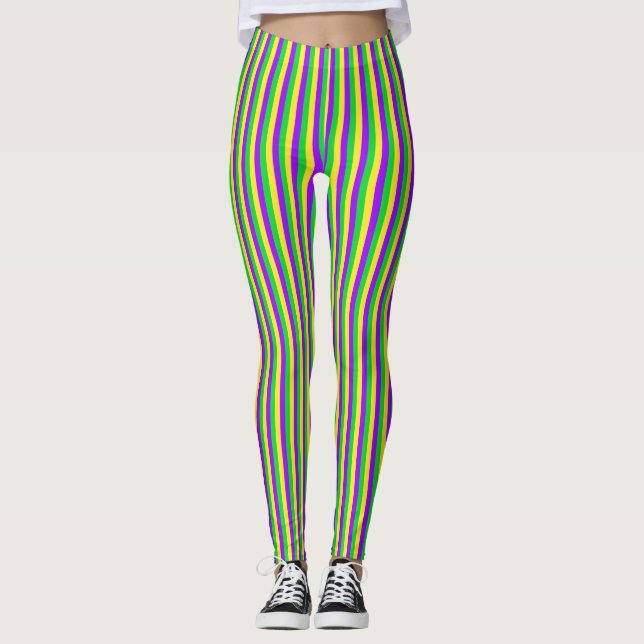 Mardi Gras Grün, Gelb, Lila Streifen Leggings (Vorderseite)