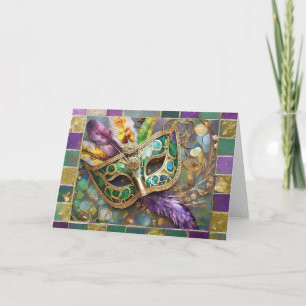 Mardi Gras Grün und Gold Farbige Federn Maske Karte