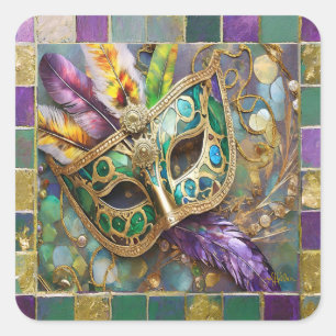 Mardi Gras Grün und Gold Farbige Federn Maske Quadratischer Aufkleber