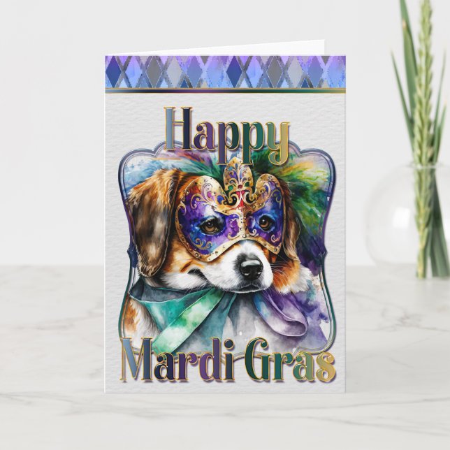 Mardi Gras Grußkarte, Mardi Gras Beagle Puppy Karte (Vorderseite)