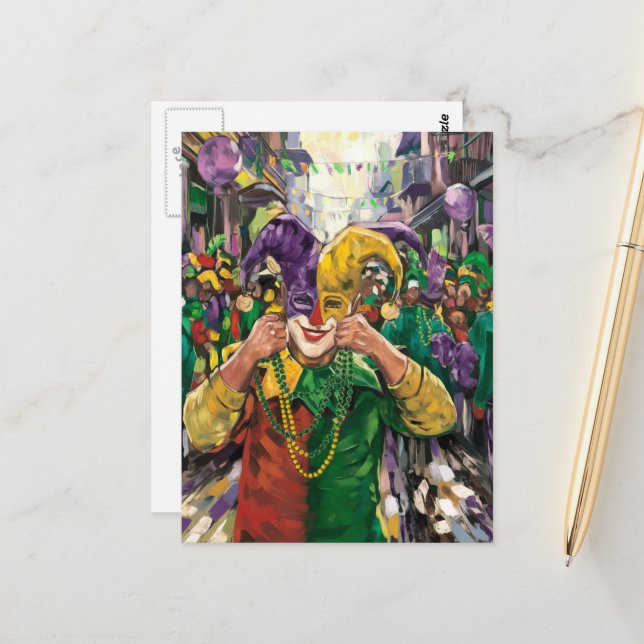Mardi Gras Happy Jester Postkarte (Vorderseite/Rückseite Beispiel)