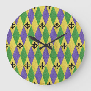 Mardi Gras Harlekin Fleur De Lis Große Wanduhr