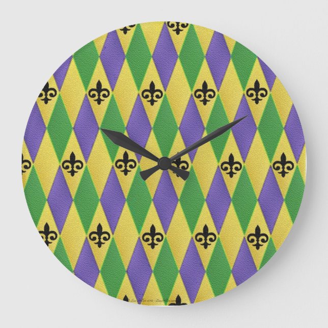 Mardi Gras Harlequin Lilie Wall Clock Große Wanduhr (Vorderseite)