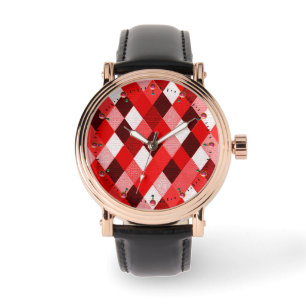 MARDI GRAS HARLEQUIN PATTERN Red Pink White Rhombi Armbanduhr