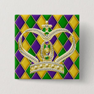 Mardi Gras Harlequin Square Button mit Krone