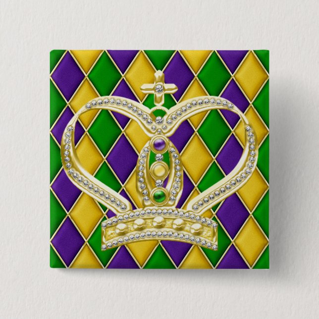 Mardi Gras Harlequin Square Button mit Kronen (Vorderseite)