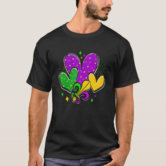 Mardi Gras Hearts Love Mardi Gras Fleur De Lys Fes T-Shirt (Vorderseite)