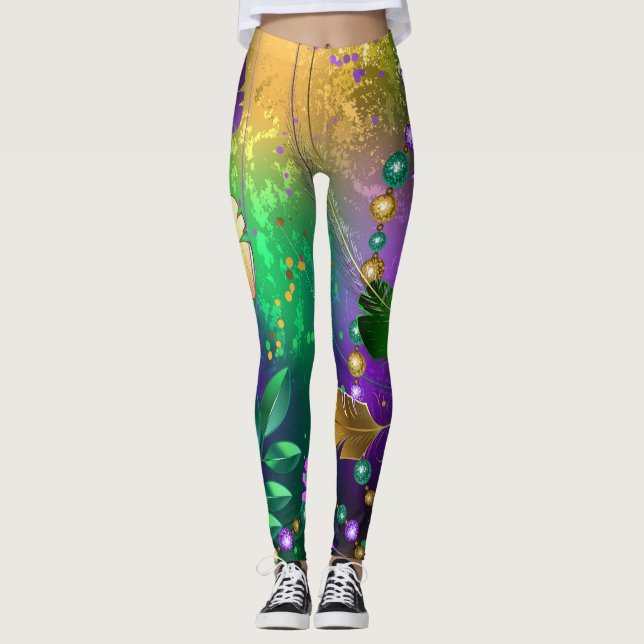 Mardi-Gras-Hintergrund mit Perlen Leggings (Vorderseite)
