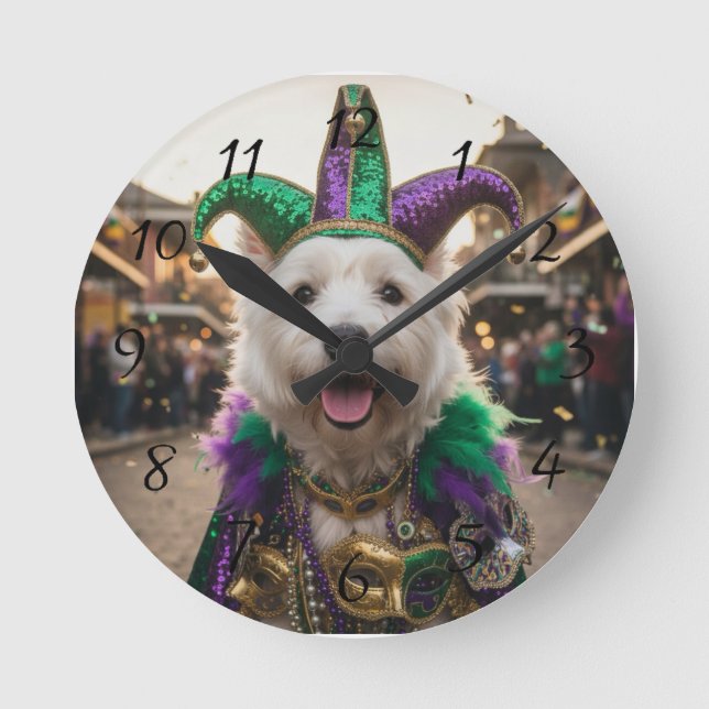 Mardi Gras-Hund-Narrenkostüm Runde Wanduhr (Vorderseite)