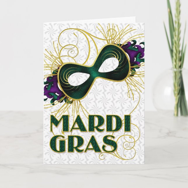 Mardi Gras in Violet Gold Green Mask Karte (Vorderseite)