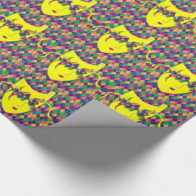 Mardi Gras Karneval Gelbe Maske auf Lila Diamanten Geschenkpapier (Ecke)