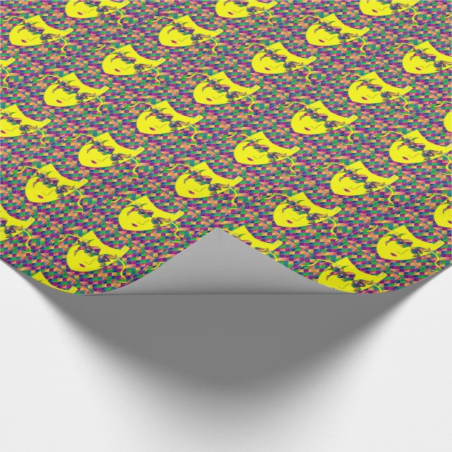 Mardi Gras Karneval Gelbe Maske auf Lila Diamanten Geschenkpapier (Ecke)