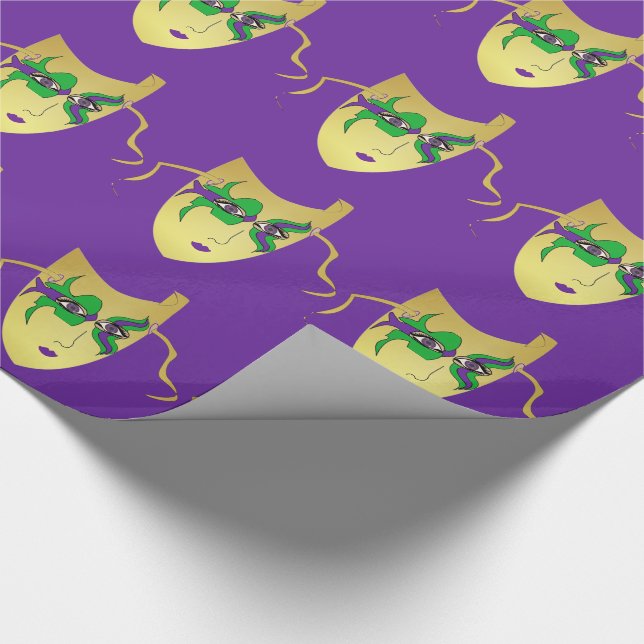 Mardi Gras Karneval Goldmaske auf Lila Geschenkpapier (Ecke)