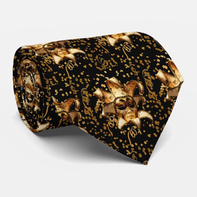 Mardi Gras Karneval Goldmaske mit Confetti Black Krawatte (Gerollt)