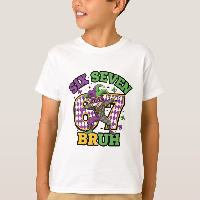 Mardi Gras Kids Dabbing Jester Six Seven Bruh T-Shirt (Vorderseite)