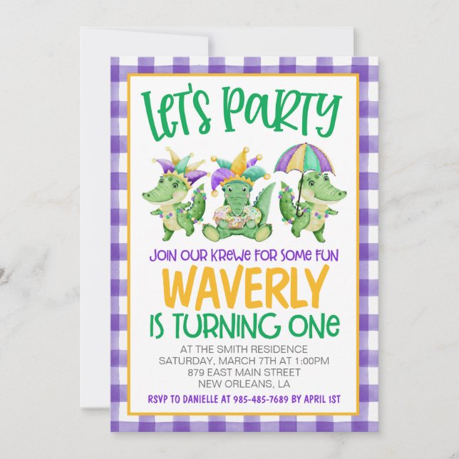 Mardi Gras Krewe Einladung zum ersten Geburtstag (Vorderseite)