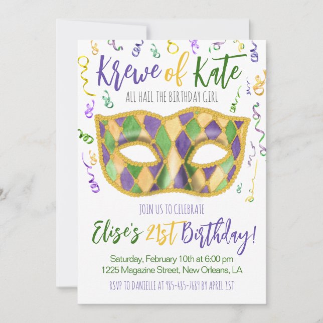 Mardi Gras Krewe Einladung zum Geburtstag (Vorderseite)