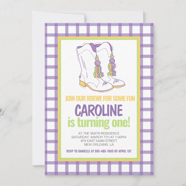 Mardi Gras Krewe Marching Boots First Birthday Einladung (Vorderseite)