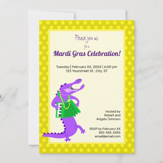 Mardi Gras Lila Alligator Einladung (Vorderseite)