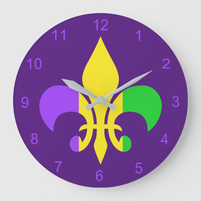Mardi Gras Lila Gelb Fleur-de-Lis Große Wanduhr (Vorderseite)