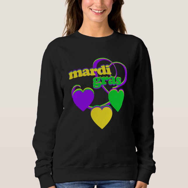 Mardi Gras Lila Gelbes grünes Herz Niedlicher Karn Sweatshirt (Vorderseite)