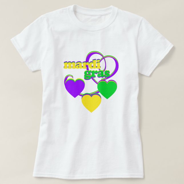 Mardi Gras Lila Gelbes grünes Herz Niedlicher Karn T-Shirt (Design vorne)