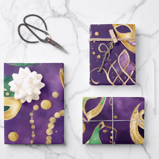 Mardi Gras, Lila, grün und goldfarben Geschenkpapier Set (Vorderseite)