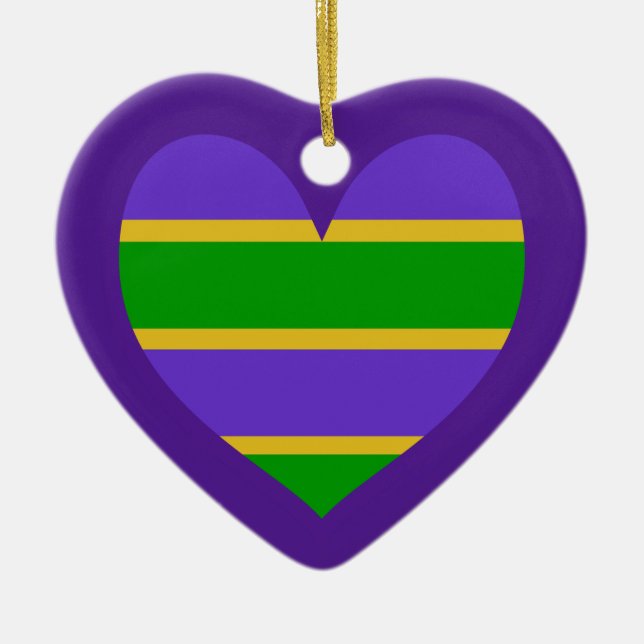 Mardi Gras Lila Herz gestreift Keramik Ornament (Vorne)