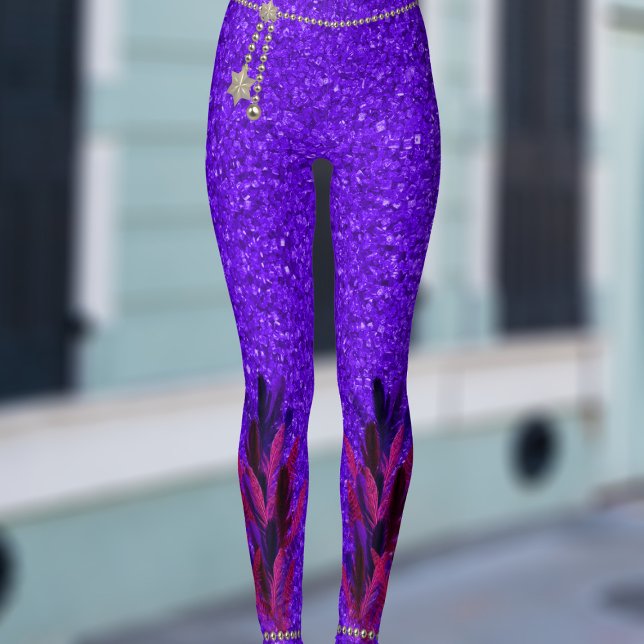Mardi Gras Lila Imitate Feathers Glitzer Leggings (Have fun at the carnival in a pair of these Mardi Gras inspired leggings!)