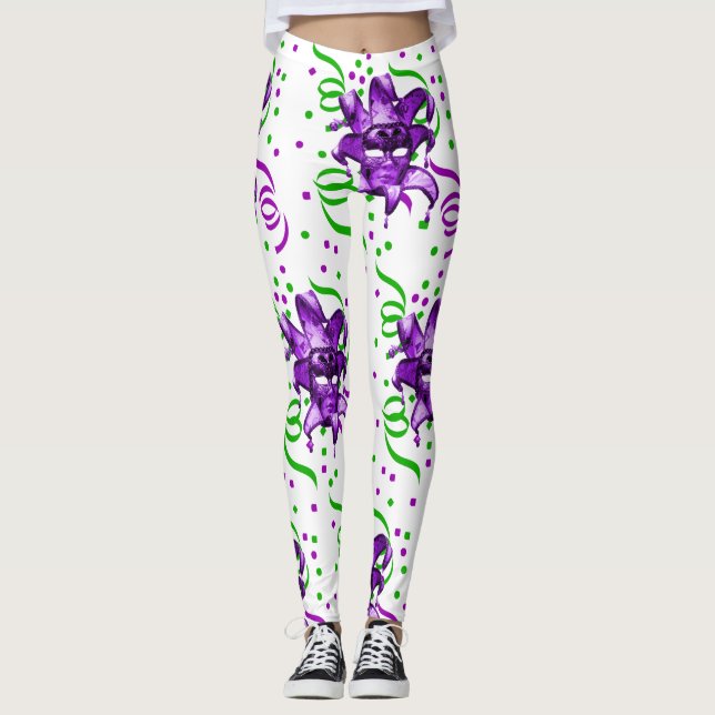 Mardi Gras Lila Mask und Confetti Leggings (Vorderseite)