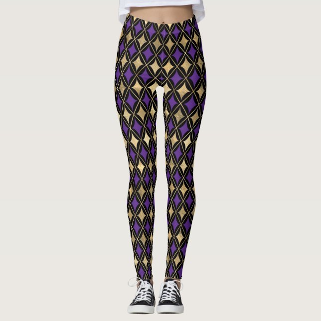 MARDI GRAS LILA SCHWARZE GOLD AKTIVE LEGGINGS (Vorderseite)