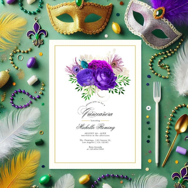 Mardi Gras Lila und Hot-Pink Floral Quinceñera Einladung (Mardi Gras Purple and Hot-Pink Floral Quinceañera Invitation)