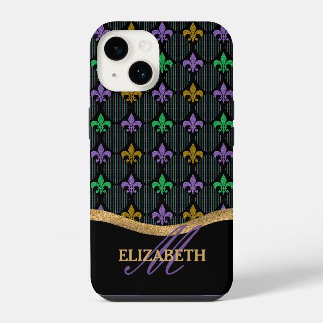 Mardi Gras Lilie Imitats Glitzer Monogram iPhone Hülle (Rückseite)