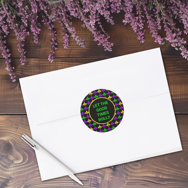 Mardi Gras Lilie Muster Benutzerdefinierter Text Runder Aufkleber (Von Creator hochgeladen)