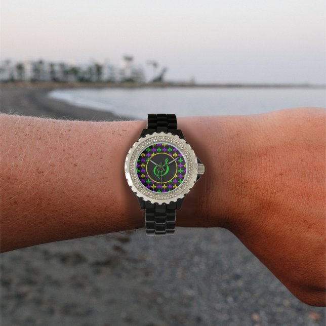 Mardi Gras Lilie Muster Custom Monogram Armbanduhr (Von Creator hochgeladen)