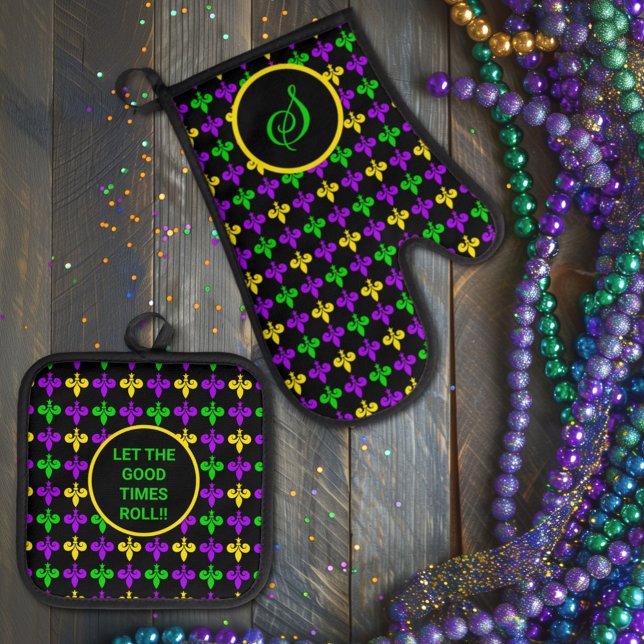 Mardi Gras Lilie Muster Custom Monogram Ofenhandschuh & Topflappen-Set (Von Creator hochgeladen)