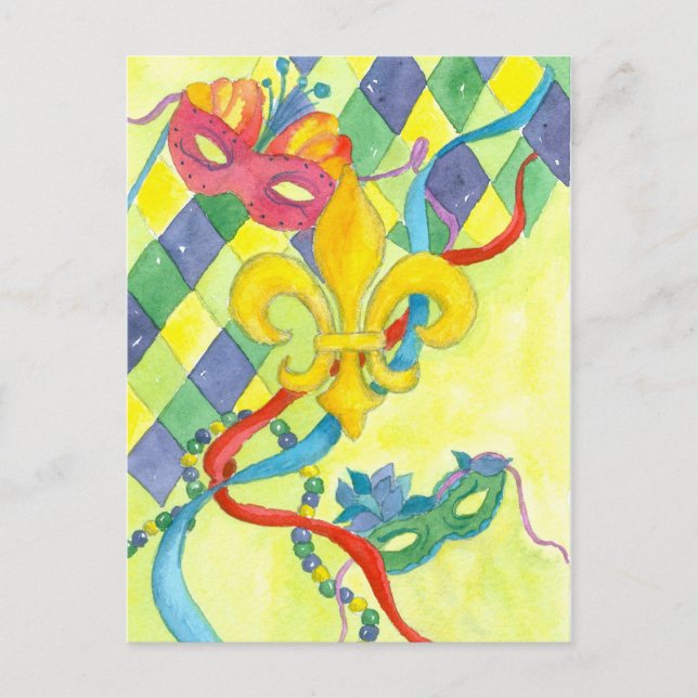 Mardi Gras Lilie Watercolor Art Yellow Postkarte (Vorderseite)