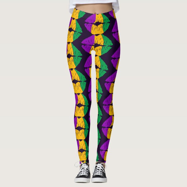 Mardi Gras Lip Coll Kiss Pattern Karneval Party Leggings (Vorderseite)