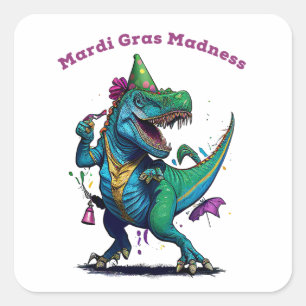 Mardi Gras Madness T Rex Dinosaur Bead Mardi Grawr Quadratischer Aufkleber