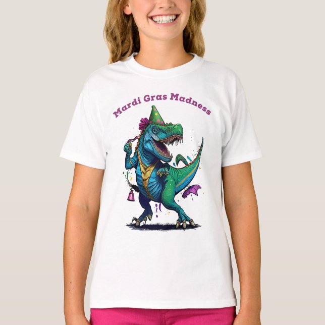 Mardi Gras Madness T Rex Dinosaur Bead Mardi Grawr T-Shirt (Vorderseite)
