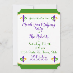 Mardi Gras MAHJONG Grün Gold Lila Fleur de Lis Einladung