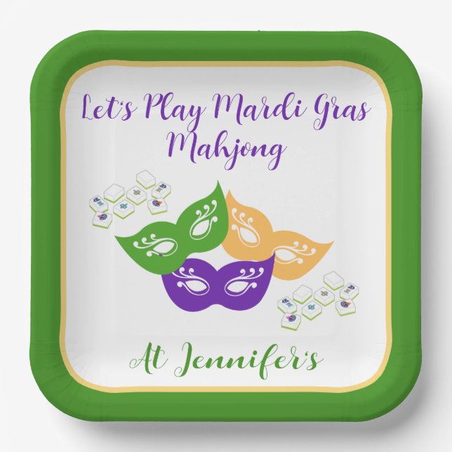 Mardi Gras Mahjong PERSONALIZE Green Gold Purple  Pappteller (Vorderseite)