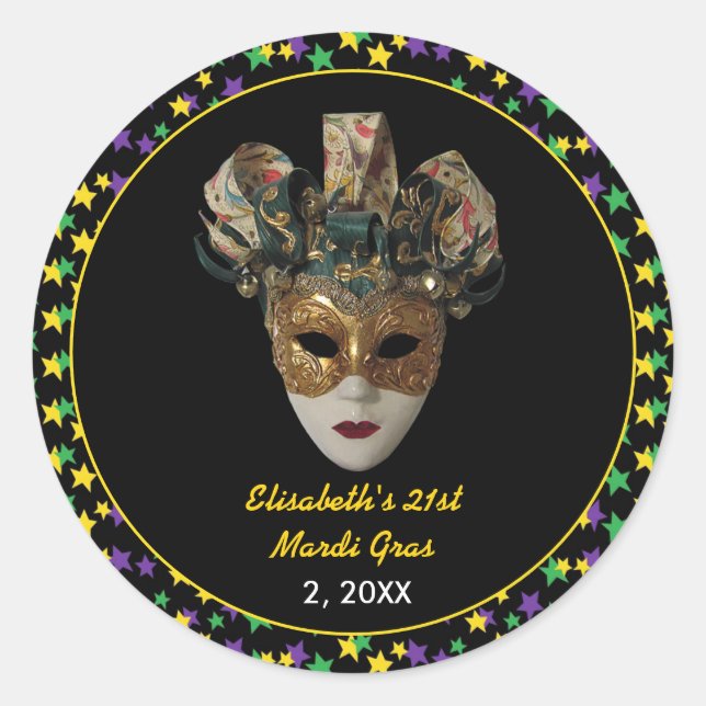 Mardi Gras Mask 21. Geburtstag Party Runder Aufkleber (Vorderseite)