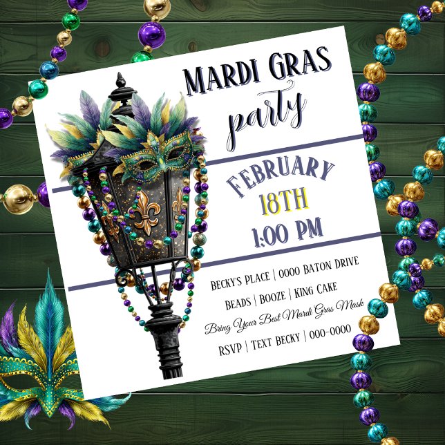 Mardi Gras Mask and Gas Lamp with Beads Einladung (Customize the front and back of this Mardi Gras Party Invitation )