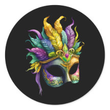 Mardi Gras Mask auf dem schwarzen Rundaufkleber