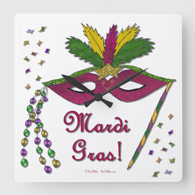 Mardi Gras Mask Feather Beads Quadratische Wanduhr (Vorderseite)