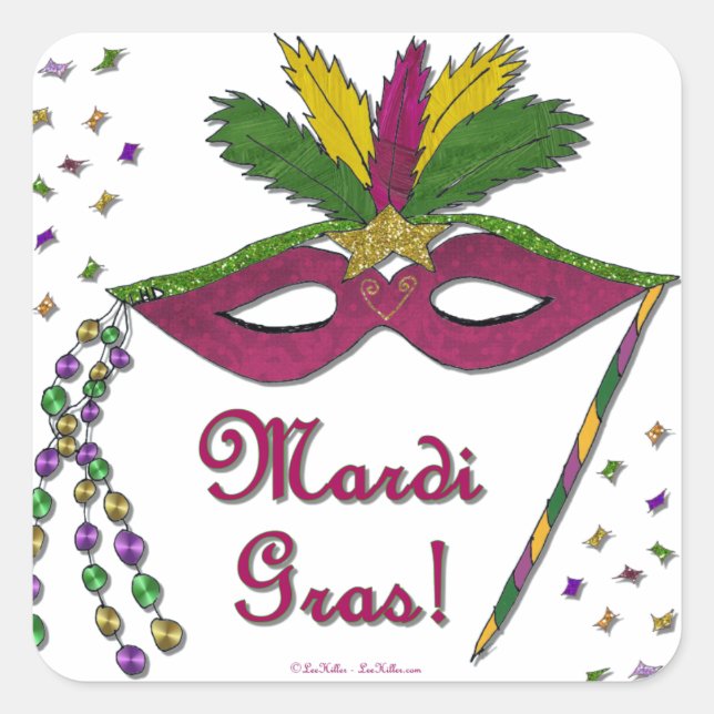 Mardi Gras Mask Feather Beads Quadratischer Aufkleber (Vorderseite)